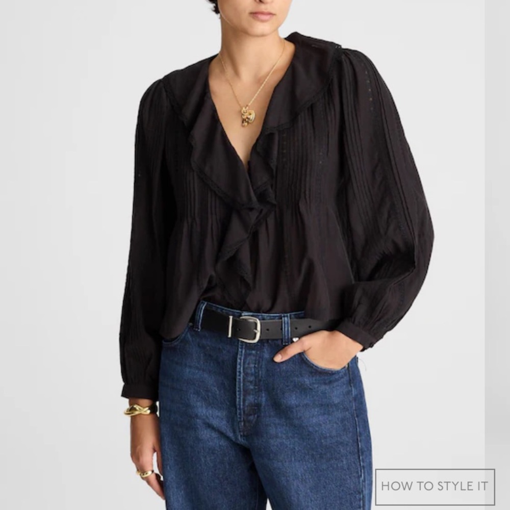 Lace-Insert Ruffled Pintuck Long-Sleeve Top